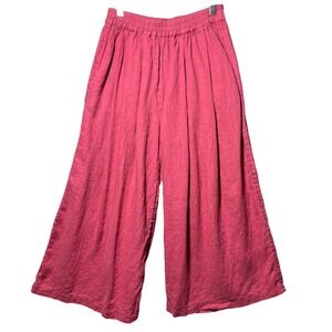 Yuvita 100% Linen Wide Leg Pants Raspberry Pink Elastic Waist Medium Culottes